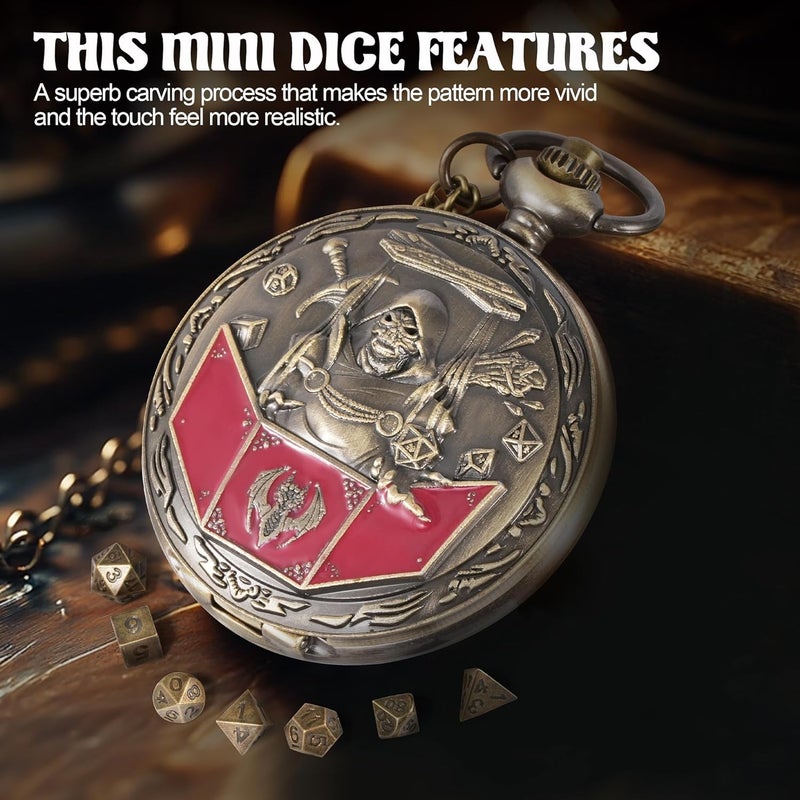banloga D&D Dice Set,7PCS Metal Dice for Dungeons and Dragons,Mini Dice Set with Pocket Watch Case,Role Playing Board Games Accessories (DM, Bronze) - Image 3